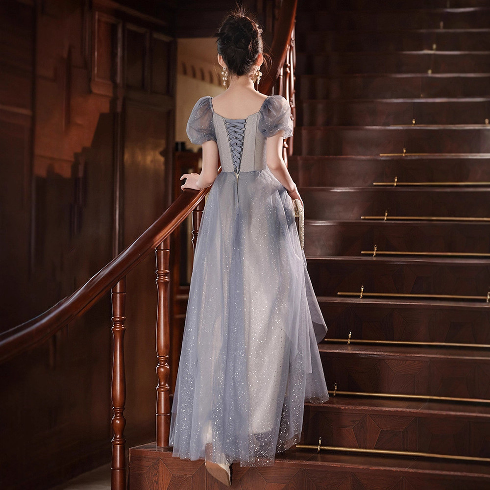 薄青 半袖 ロング きらきら カラードレス シンプル 韓国風 花嫁 ウェディング パーティー 演奏会 二次会 AK239