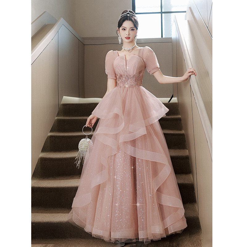 ピンク 半袖 ロング きらきら カラードレス 綺麗 プリンセス ウェディング パーティー 演奏会 二次会 AK240