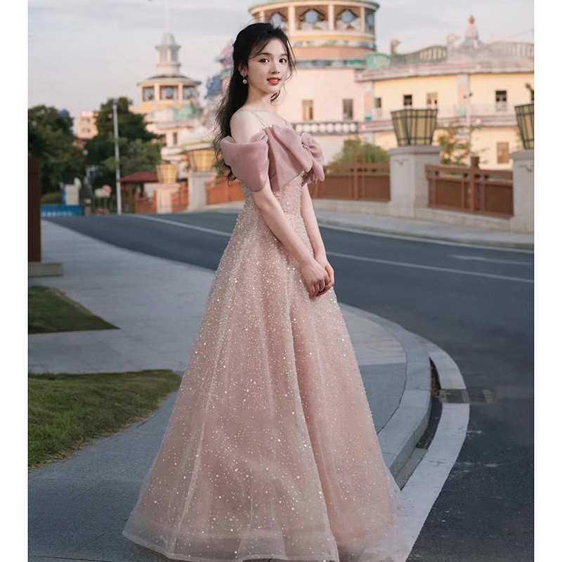 ピンク オフショルダー ロング リボン カラードレス 綺麗 ウェディング パーティー 演奏会 二次会 AK241