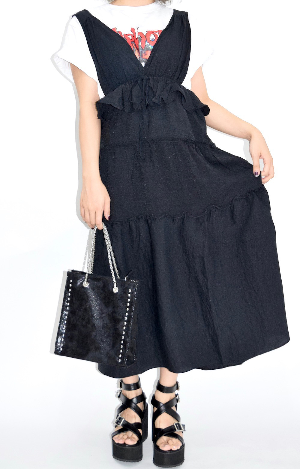 Frill Tiered Black Long Jumper Skirt　ワンピース　黒　モノトーン