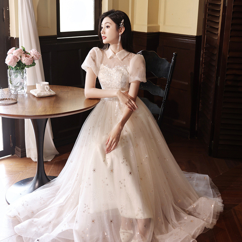 シャンパン色 半袖 ロング カラードレス プリンセス おしゃれ ウェディング パーティー 演奏会 二次会 AK243