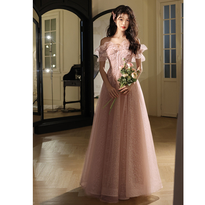 ピンク オフショルダー ロング カラードレス プリンセス 綺麗 ウェディング パーティー 演奏会 二次会 AK244