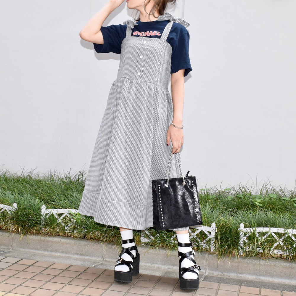 Ribbon Strap Gingham Check Onepiece　ワンピース　黒　モノトーン