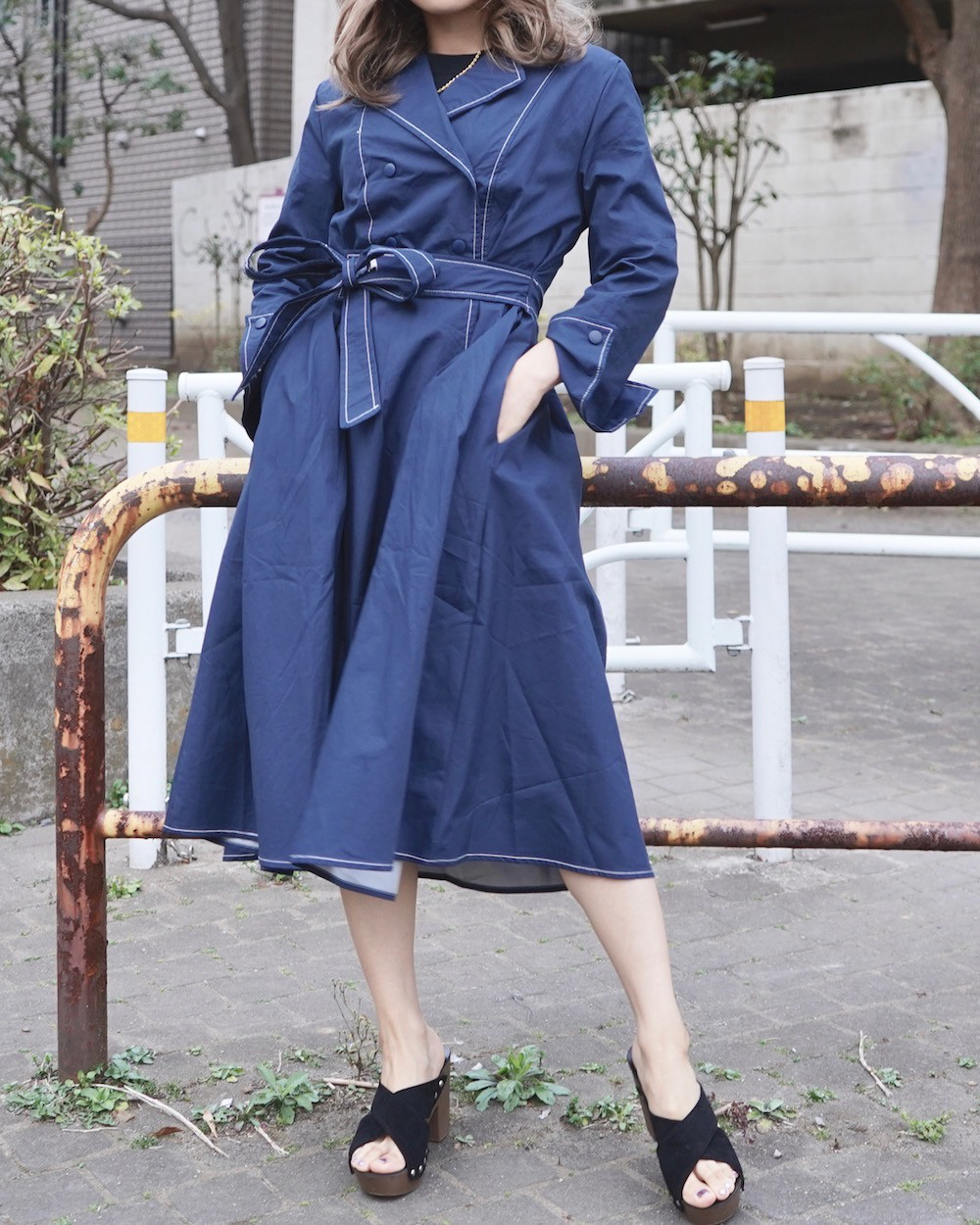RIBBON DESIGN TRENCH COAT ONEPIECE (blue)