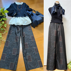 大島紬＊青菱ワイドパンツ＋ストール＊裏地付き＊着物リメイク