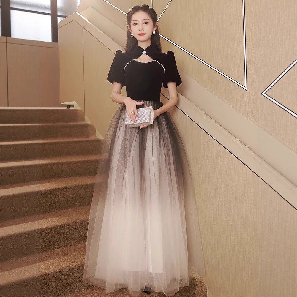 半袖 黒 パーティードレス 綺麗 プリンセス 韓国風 パーティー 演奏会 二次会 前撮り HL403