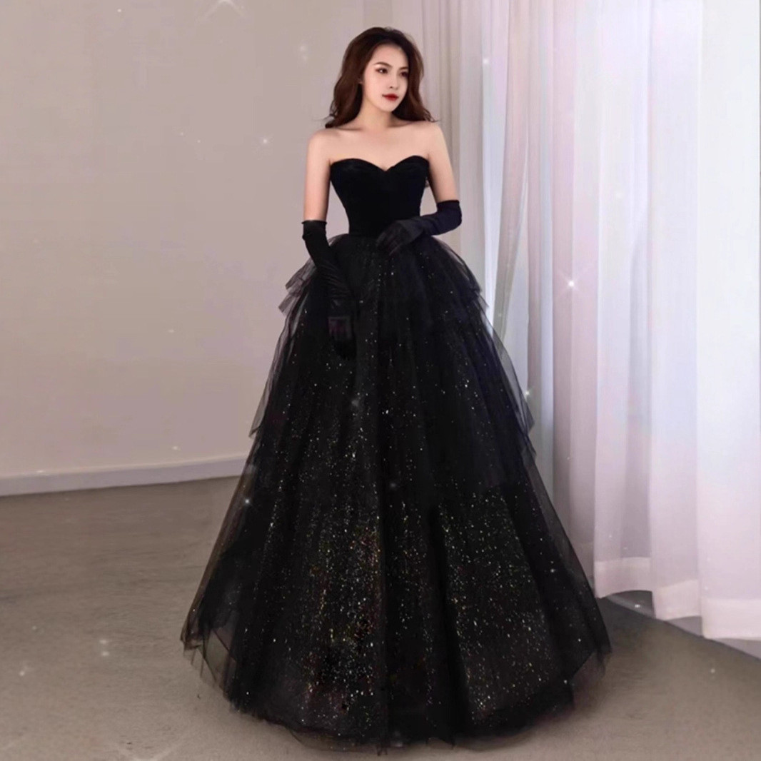 ノースリーブ 黒 ベロア ふわふわ パーティードレス 綺麗 プリンセス パーティー 演奏会 二次会 前撮り HL405