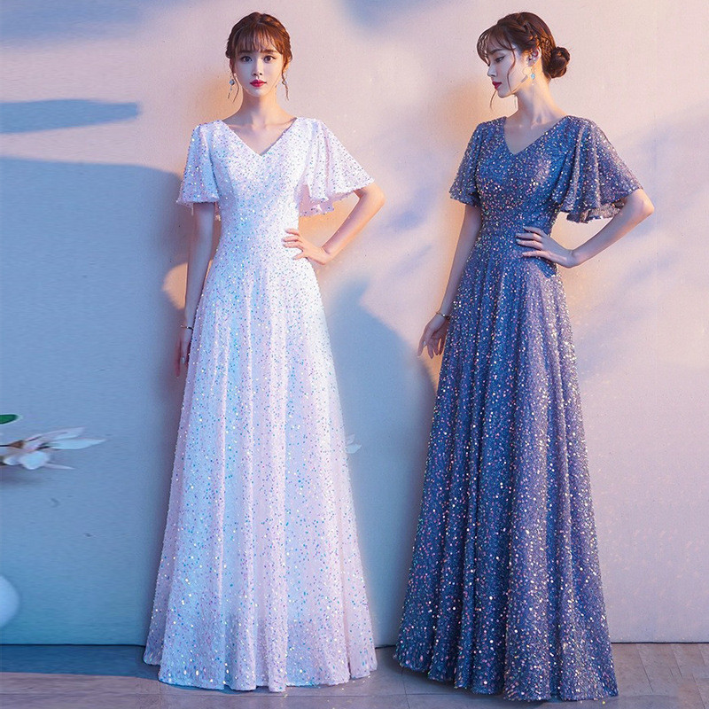 半袖 白 青 Vネック キラキラ パーティードレス シンプル 韓国風 パーティー 演奏会 二次会 前撮り HL406