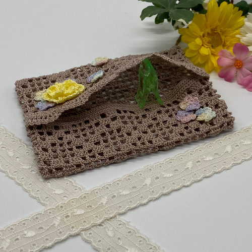 レース編み お花モチーフのポケットティッシュカバー／モカ ティッシュ