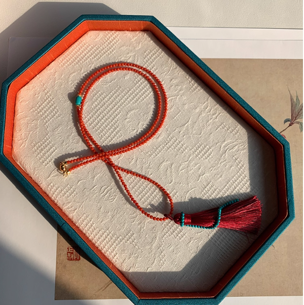 ✼• Elegant •✼天然南部産レッドアゲート 2mm 極細ミレットビーズ ターコイズ マルチ ストランド ネックレ