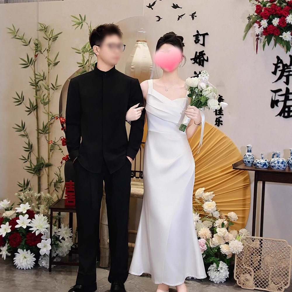 ノースリーブ 白 黒 サテン マーメイドドレス シンプル 韓国風 花嫁 パーティー 演奏会 二次会 前撮り HL411