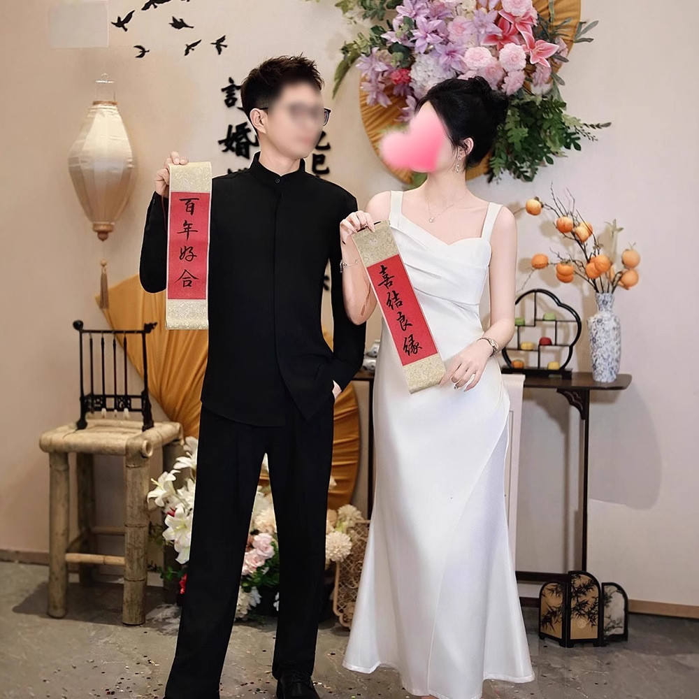 ノースリーブ 白 黒 サテン マーメイドドレス シンプル 韓国風 花嫁 パーティー 演奏会 二次会 前撮り HL411