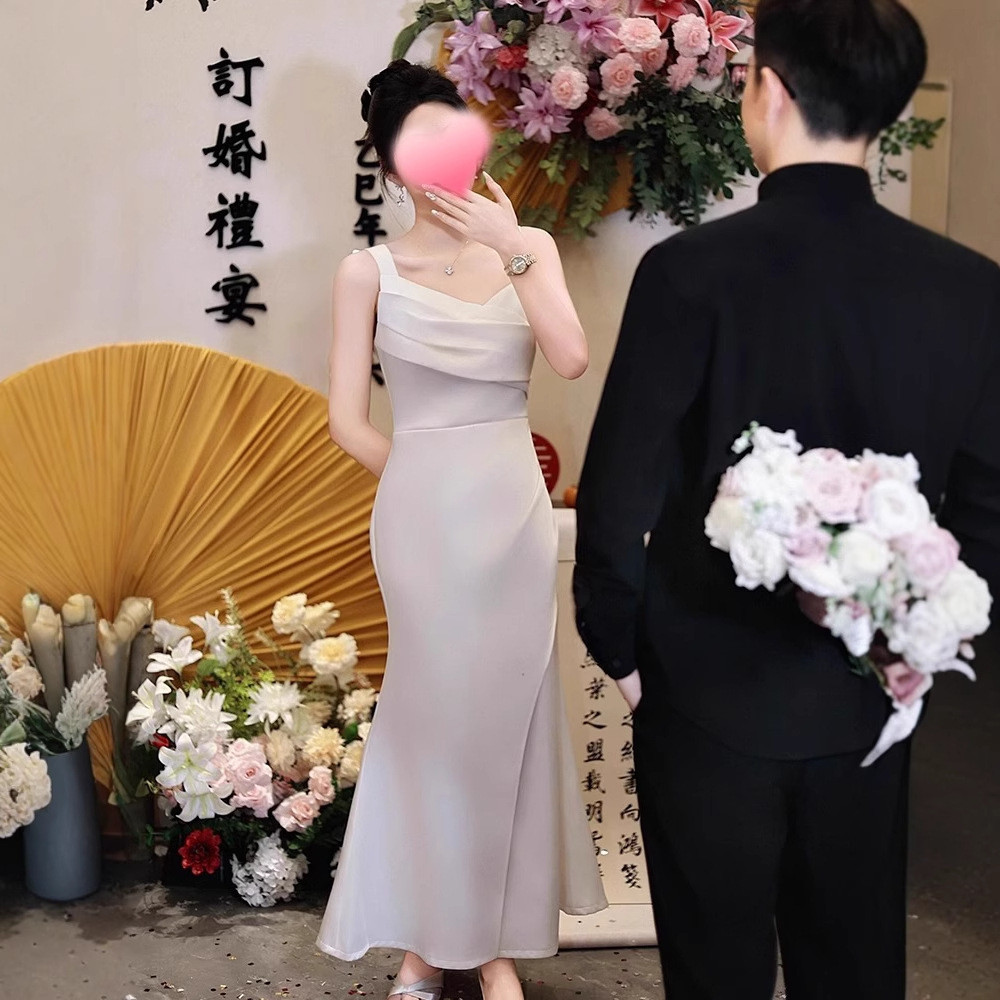 ノースリーブ 白 黒 サテン マーメイドドレス シンプル 韓国風 花嫁 パーティー 演奏会 二次会 前撮り HL411