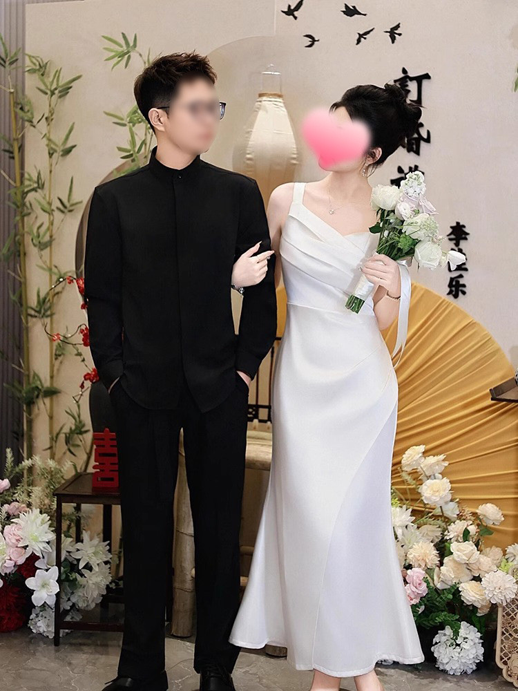 ノースリーブ 白 黒 サテン マーメイドドレス シンプル 韓国風 花嫁 パーティー 演奏会 二次会 前撮り HL411