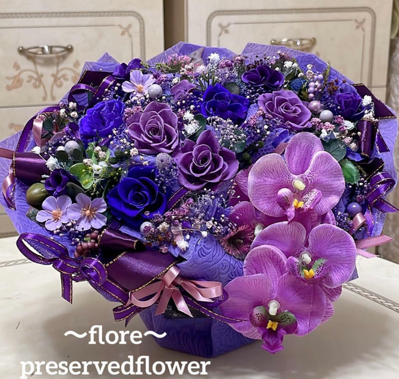 特大✨水色＆青バラプリザーブドフラワー＆胡蝶蘭（アーティシャル