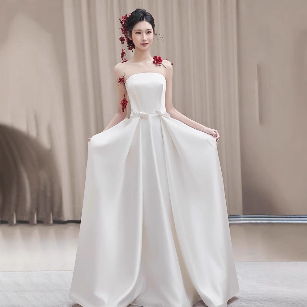 ノースリーブ 白 黒 サテン ウェディングドレス シンプル 韓国風 花嫁 パーティー 演奏会 二次会 前撮り HL414