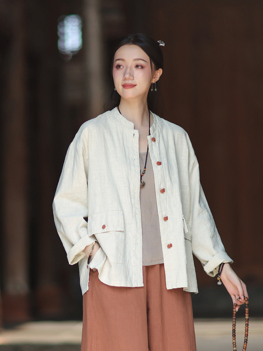 麻綿混紡ワイドシャツ 立襟デザイン 配色切替 長袖トップス 8398