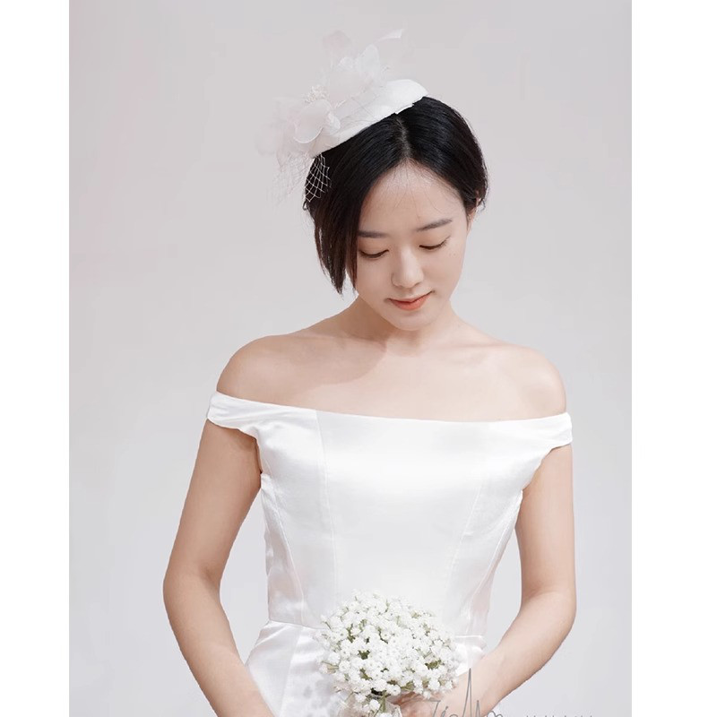 オフショルダ 白 黒 サテン ウェディングドレス シンプル 韓国風 花嫁 パーティー 演奏会 二次会 前撮り HL417