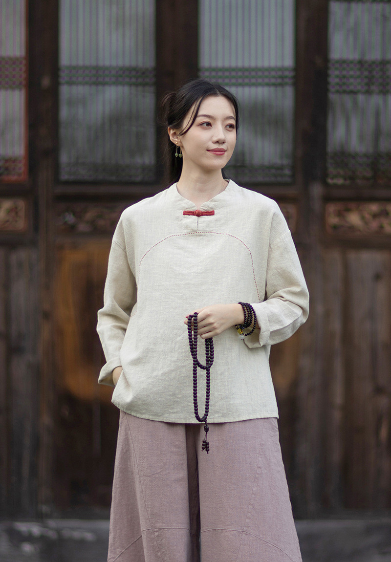 麻綿混紡トップス 立襟デザイン 手縫いステッチ 盤扣付き プルオーバーシャツ 8508