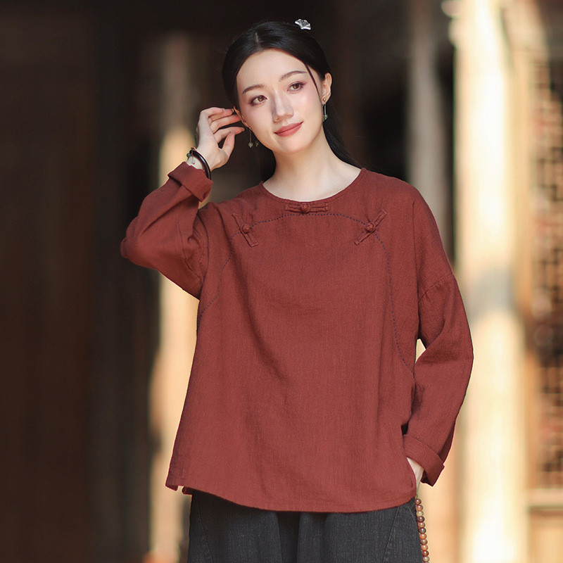 麻綿混紡トップス ラウンドネック 盤扣デザイン 配色ステッチ 長袖Tシャツ 8502