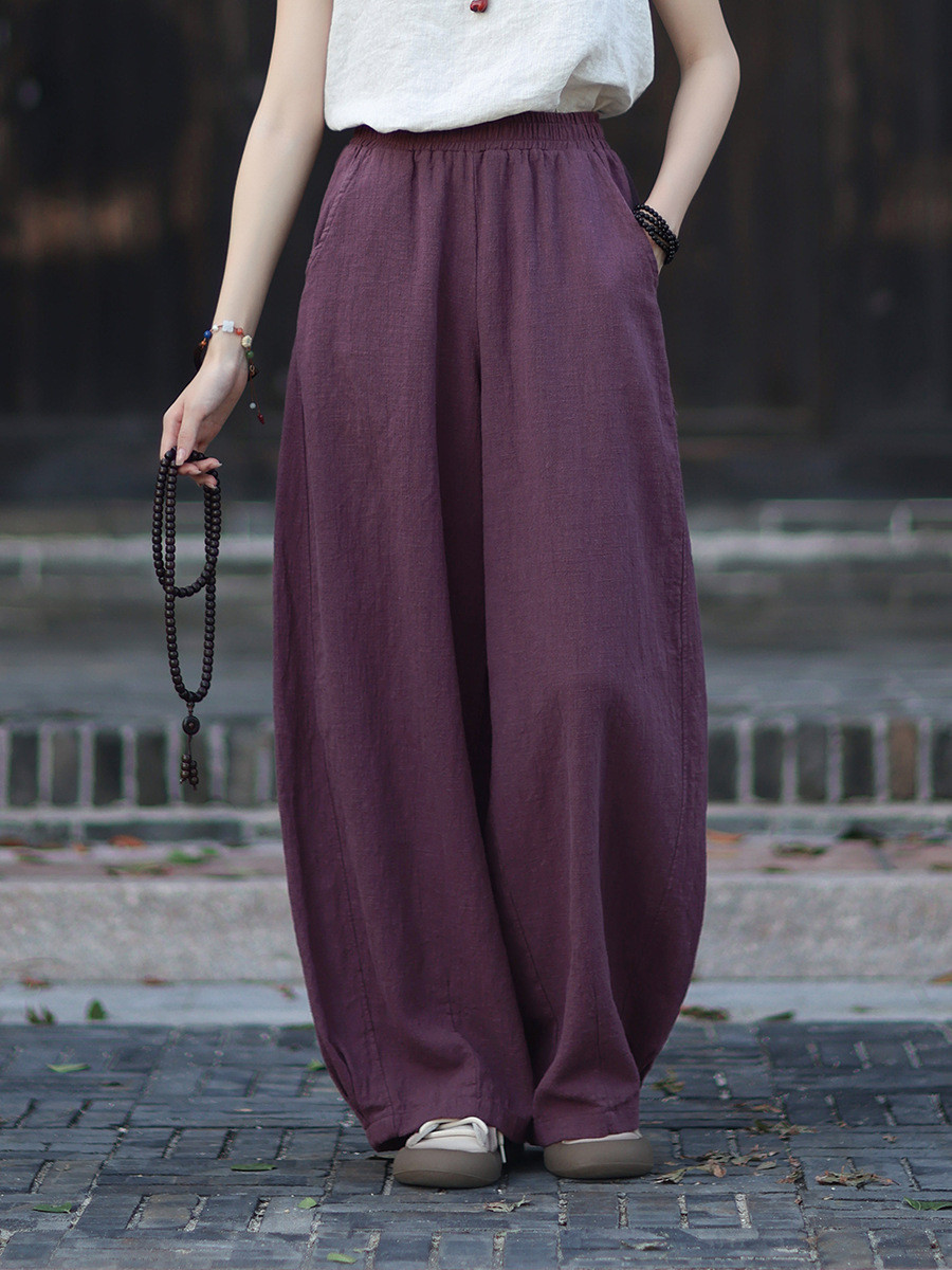 麻綿混紡ランタンパンツ 配色ステッチ ゆったりシルエット 文芸ヴィンテージ風 6228
