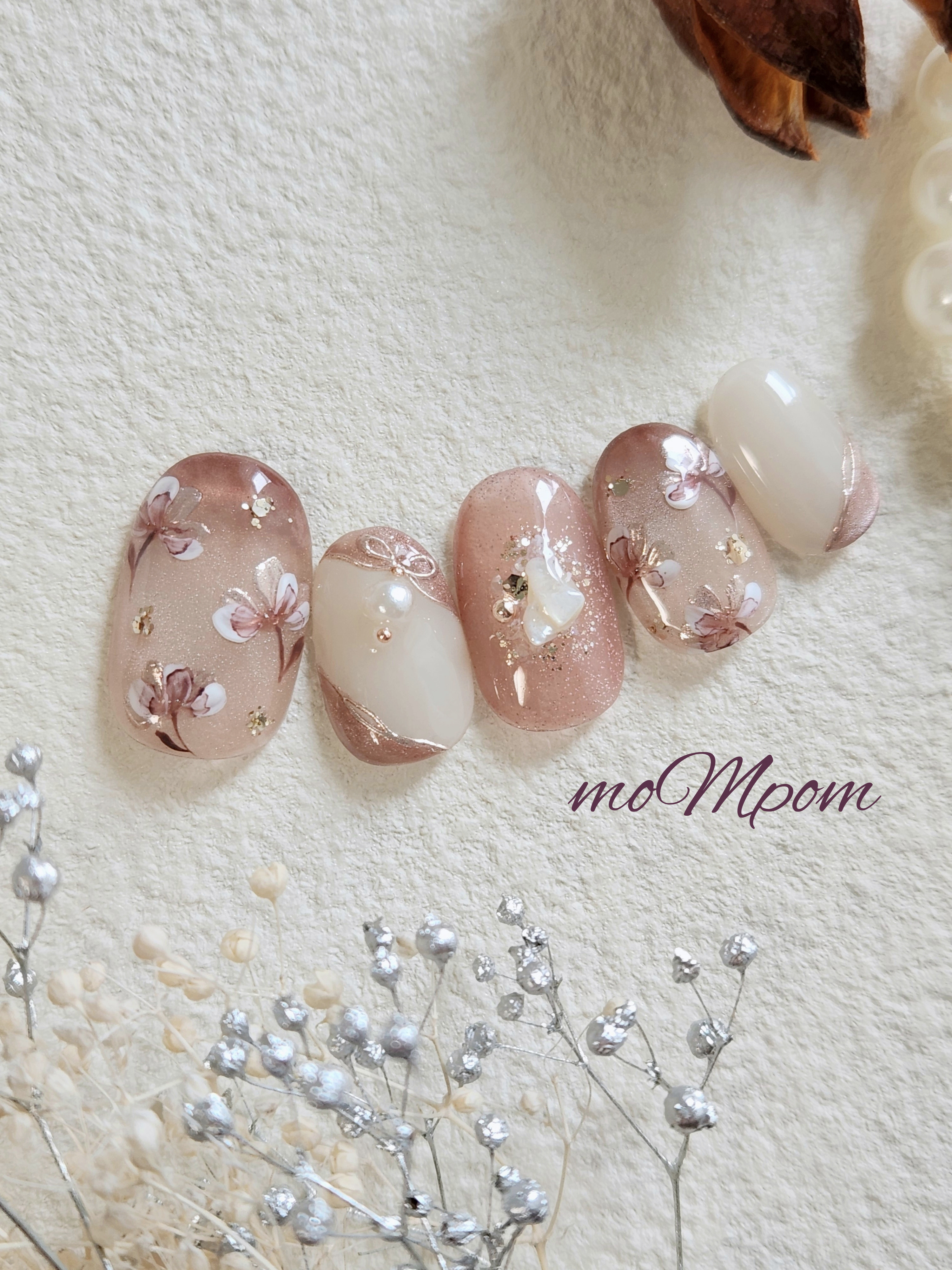 ネイルチップ　結婚式　ウェディング　ブライダル　前撮り　お花　フラワー　ミラーフラワー　お呼ばれ