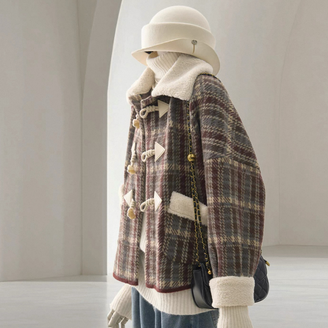 保温力高い大人の冬コート、チェック柄、大人が着たいお洒落なコート、厚手のコート、防寒対策、秋冬限定