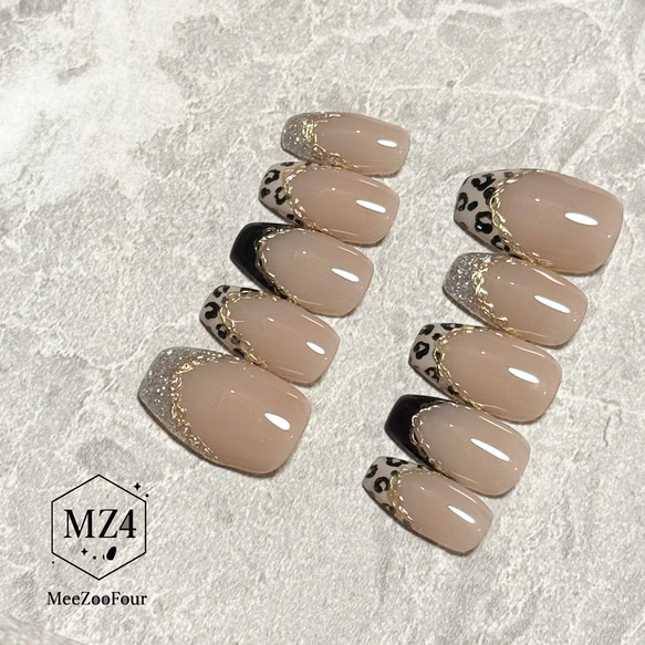 サイズオーダー】レオパード フレンチ ラメ ブラック ネイルチップ