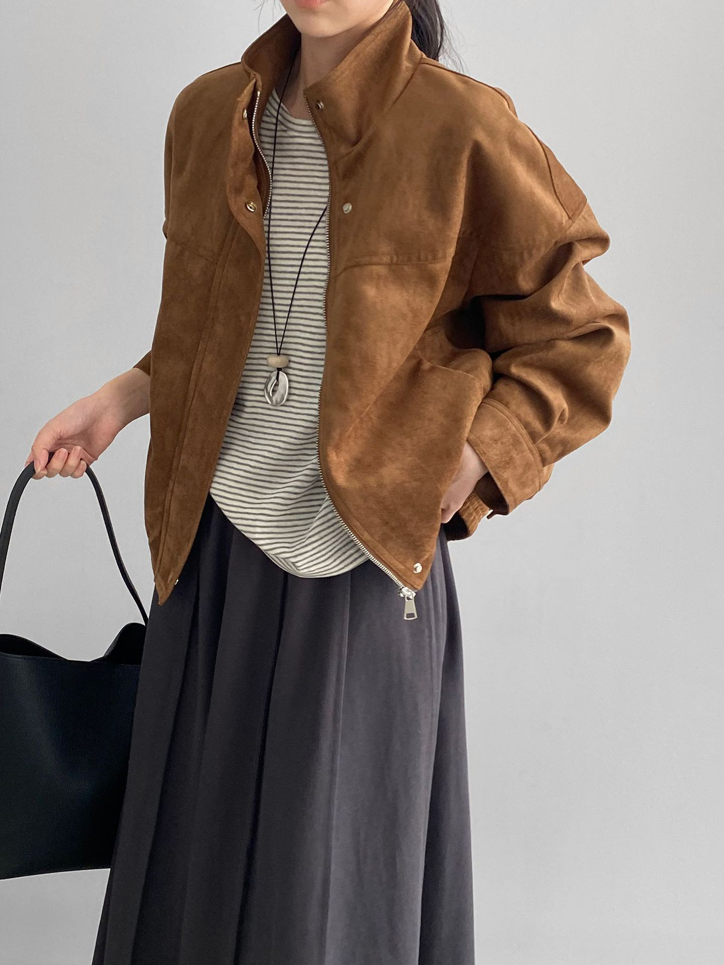 レディーススエード風アンクルカラーノーカラージャケットメラードカラーゆったりアウター秋冬通勤カジュアル#1264-1