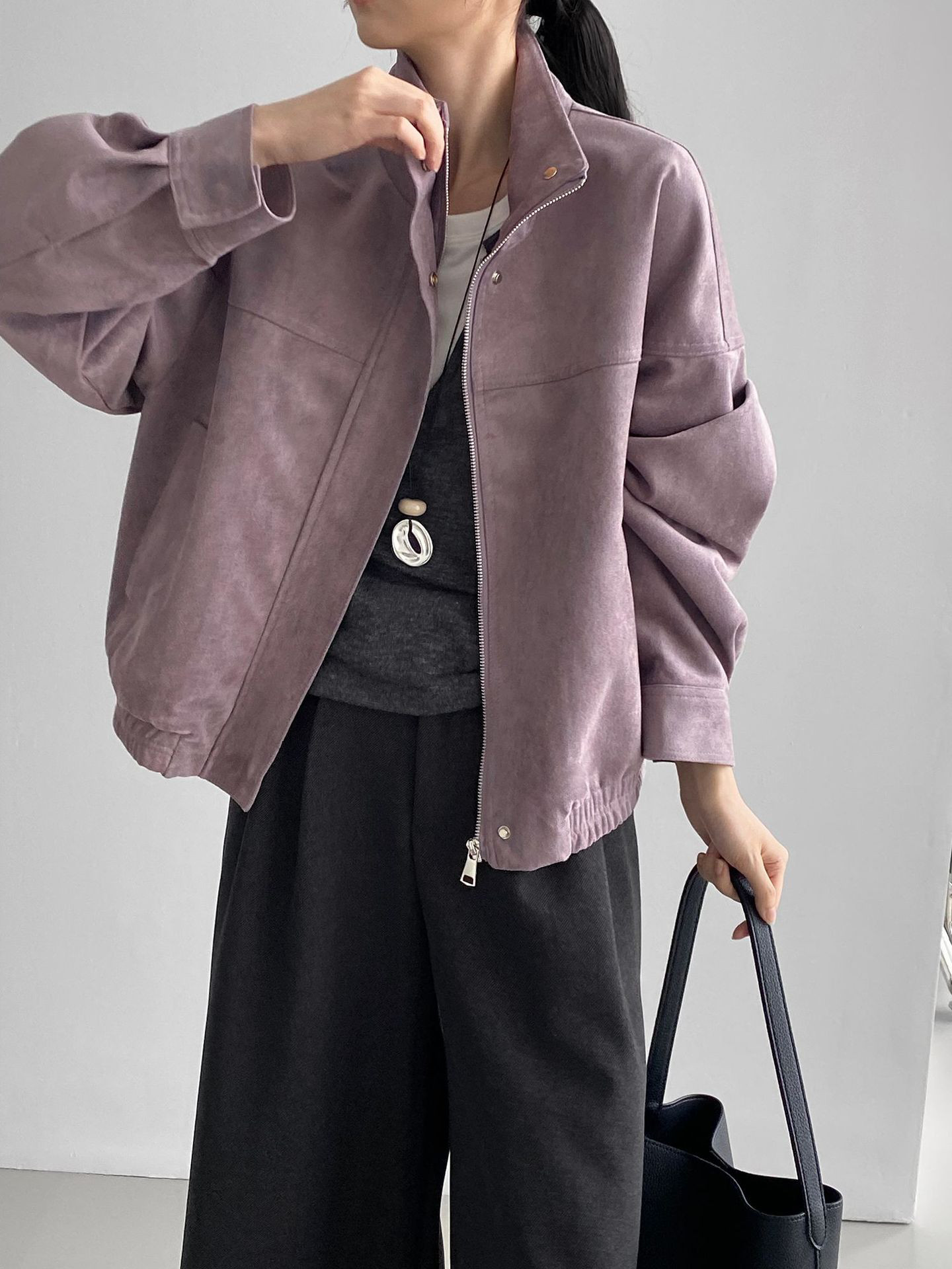 レディーススエード風アンクルカラーノーカラージャケットメラードカラーゆったりアウター秋冬通勤カジュアル#1264-2