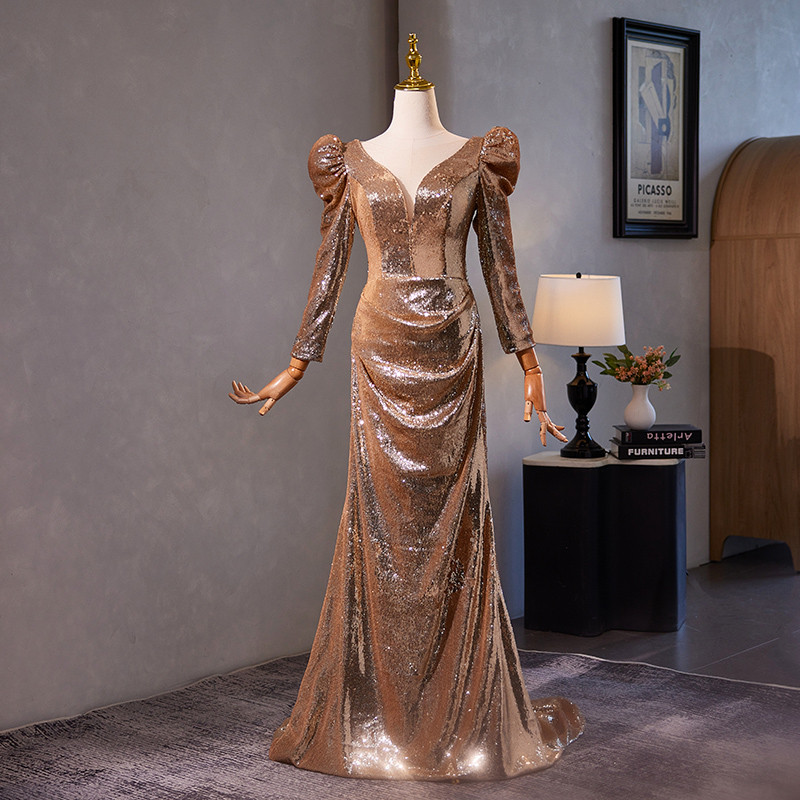 綺麗 ゴールド 長袖 スパンコール キラキラ マーメイドドレス 高級感 演奏会 二次会 前撮り 披露宴 08934