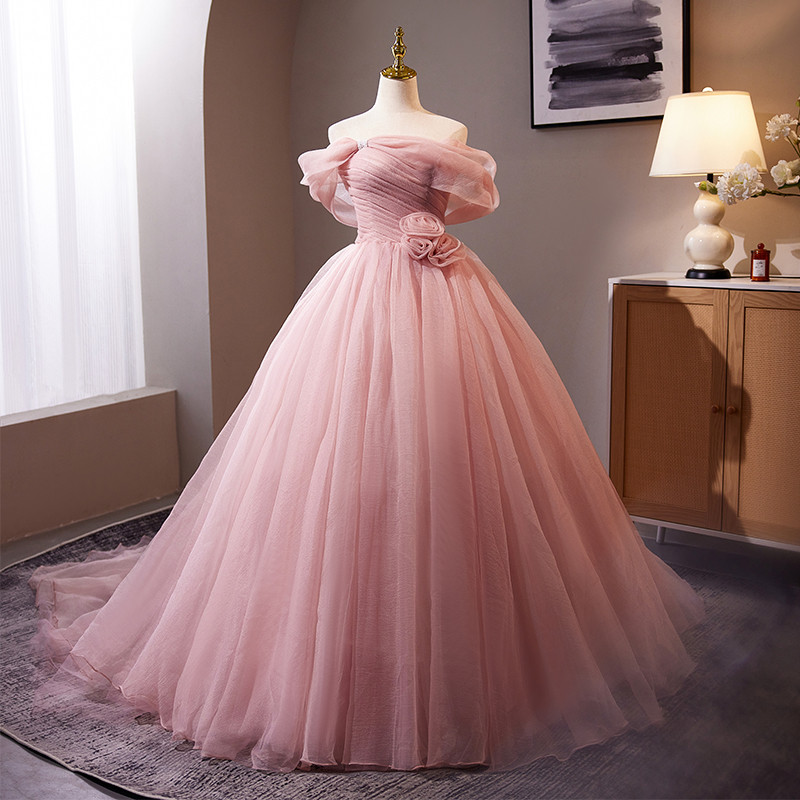 豪華 ピンク オフショルダー 立体花 ふわふわ ウェディングドレス プリンセス 花嫁 演奏会 前撮り 披露宴 08936