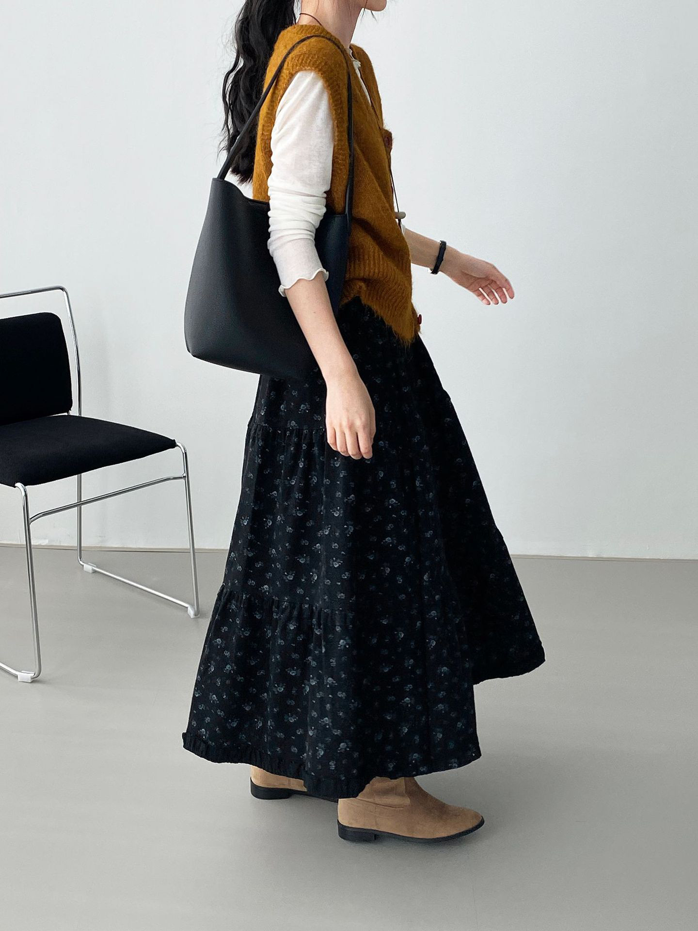 レディース秋冬フラワープリントハイウエストロングスカートレディースヴィンテージほっこり#1265-2