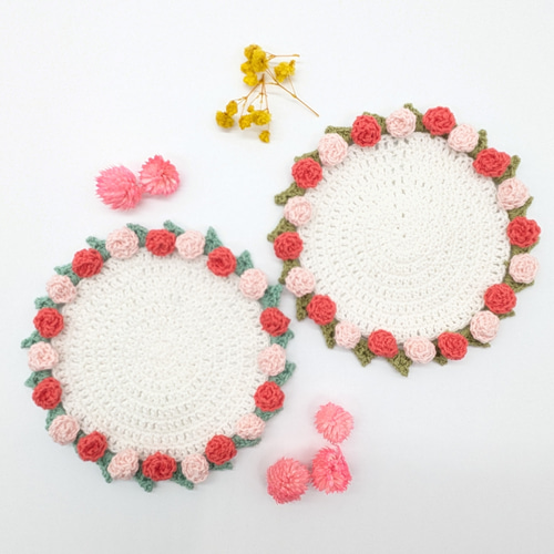 レッド〉花束になるバラのコースター かぎ針編み 編み物 プレゼント