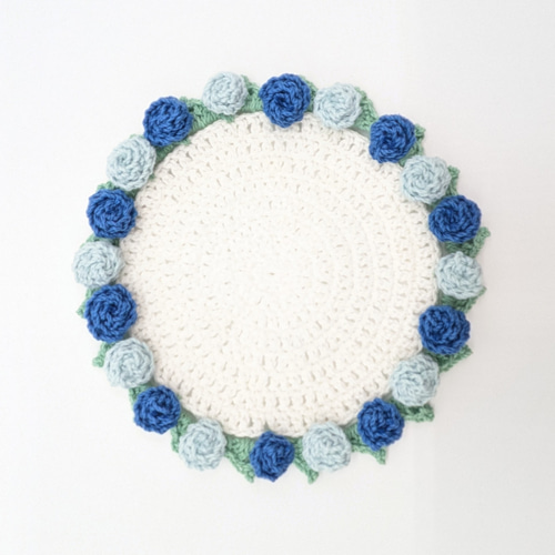 ブルー〉花束になるバラのコースター かぎ針編み 編み物 プレゼント