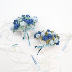 ブルー〉花束になるバラのコースター かぎ針編み 編み物 プレゼント