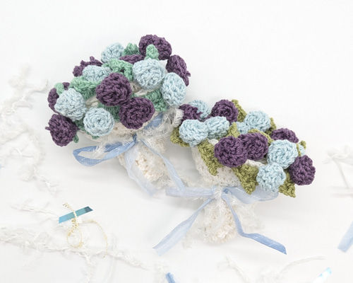 コースターバラ売り ムラサキ〉花束になるバラのコースター かぎ針編み 編み物 プレゼント