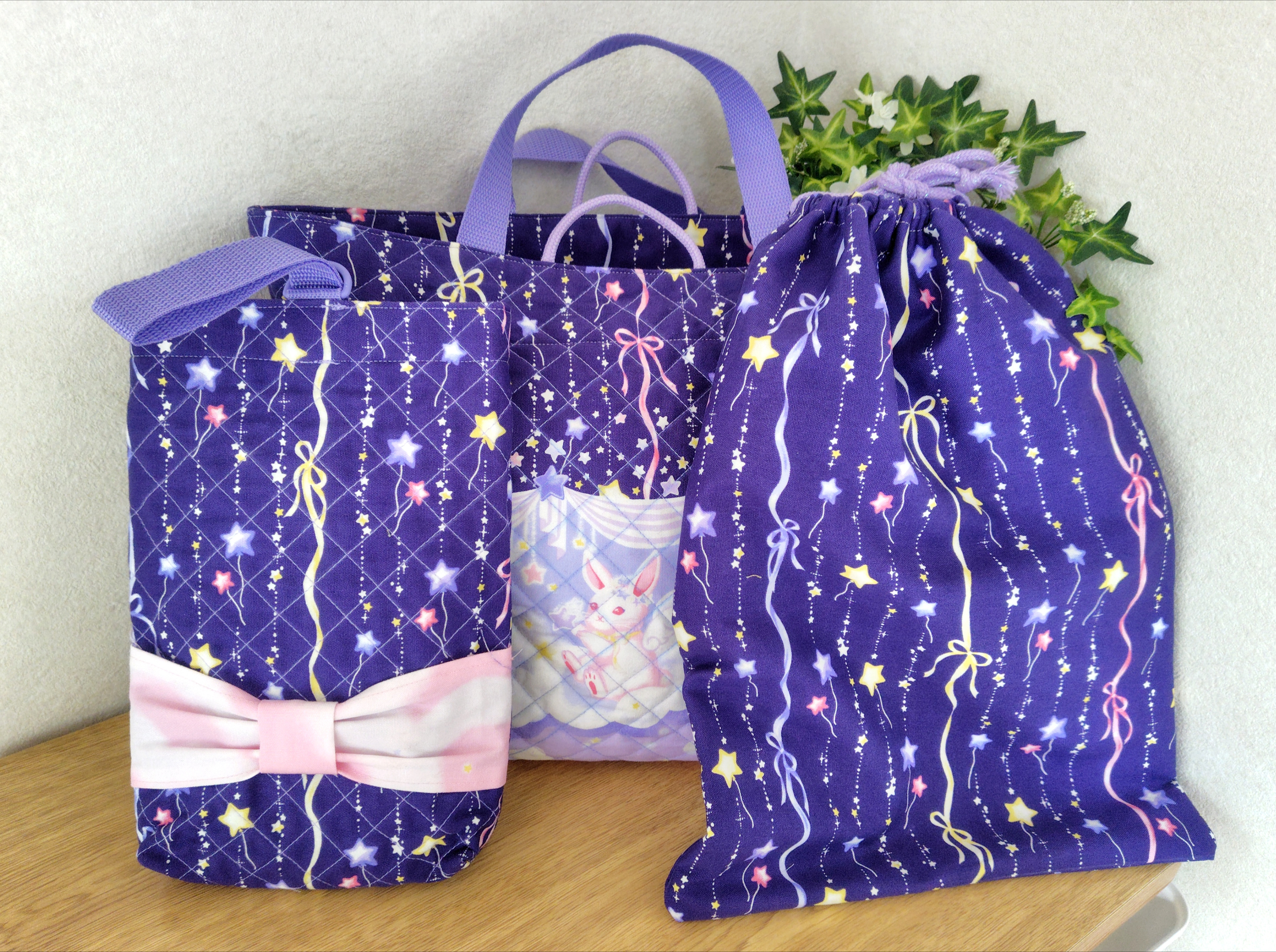 A4もすっぽり大きめレッスンバックの入園入学3点セット―ゆめかわうさぎネイビー―