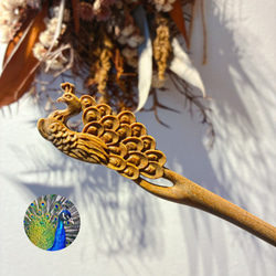 桃の木 モモノキ 木製鏡 鏡 彫刻 孔雀【桃太郎】 お守り 風水 運気