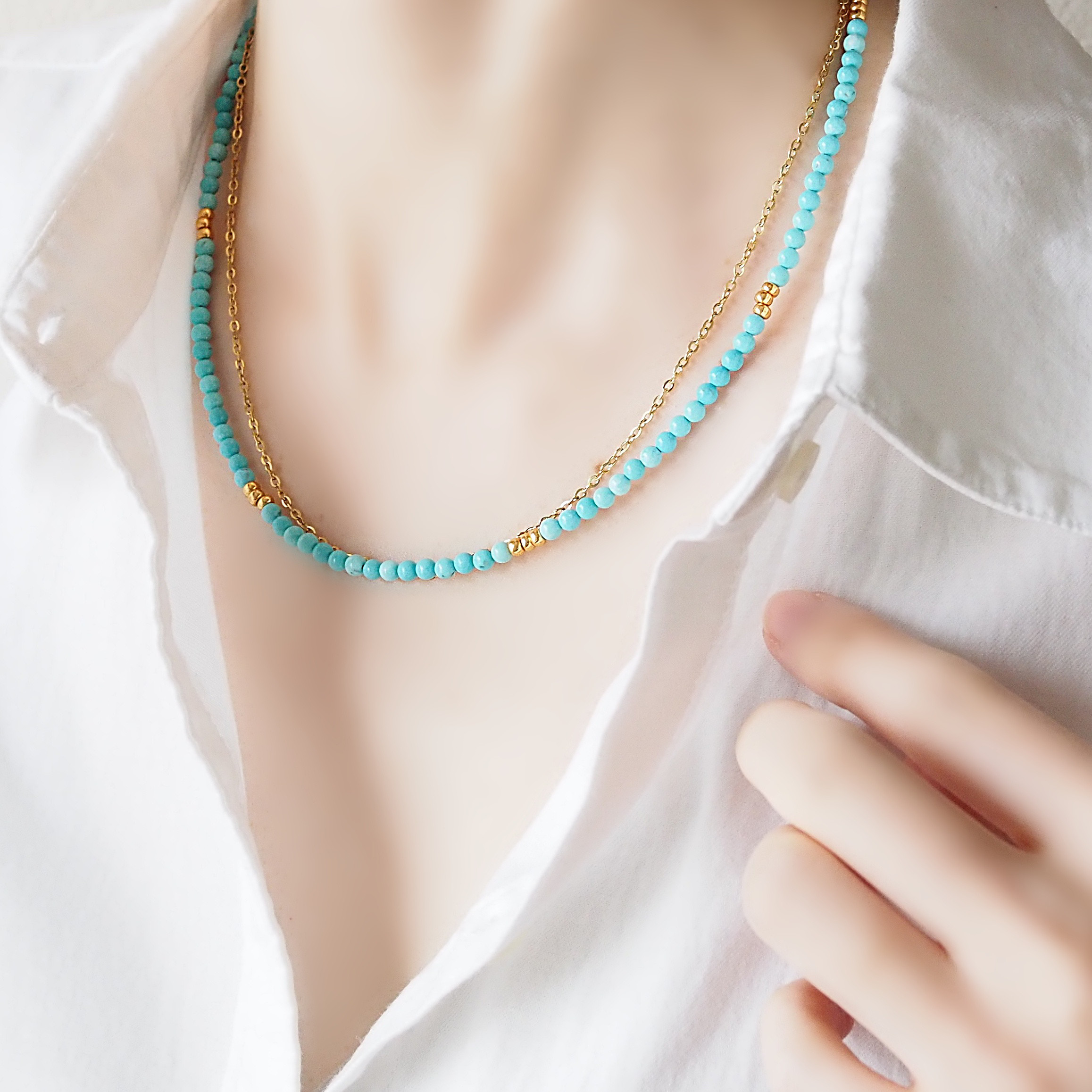 ターコイズとサージカルステンレスの2連ネックレス＊14kgf/S925マグネット留具　ゴールド/シルバー