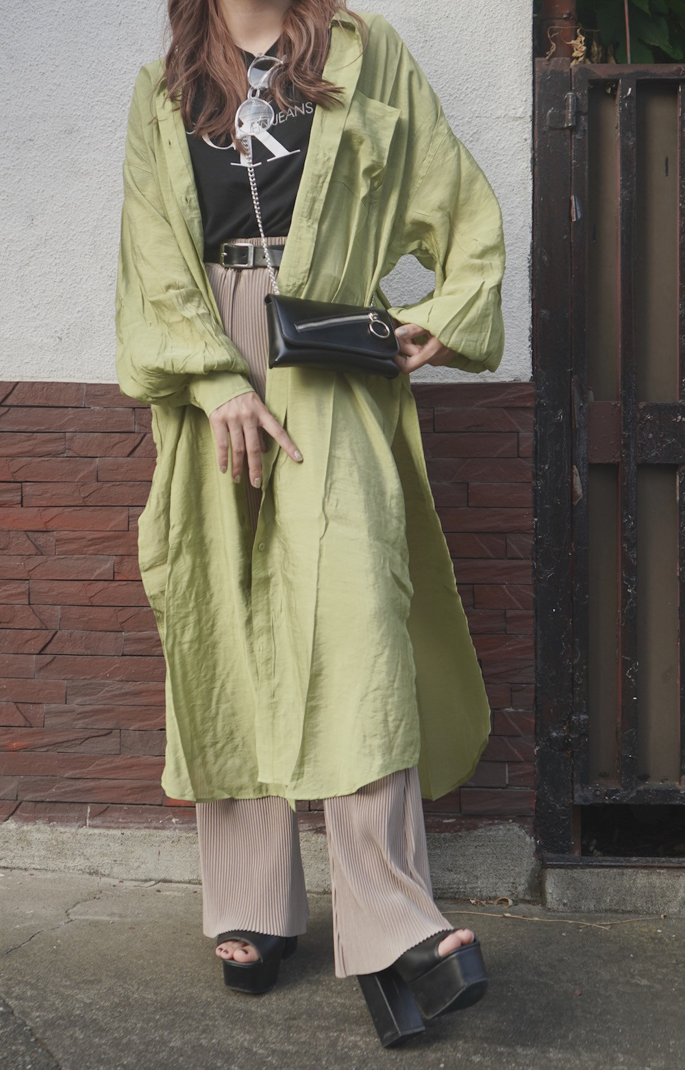 2way Sheer Long Shirts Onepiece (green tea)　シャツ  きれいめ