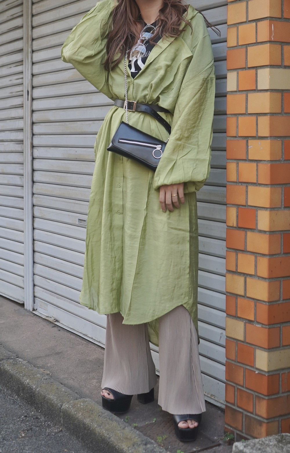2way Sheer Long Shirts Onepiece (green tea)　シャツ  きれいめ