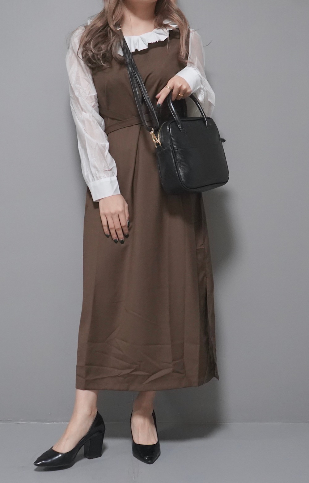 Pleats Collar Classical Onepiece (brown)　ワンピース　レトロ