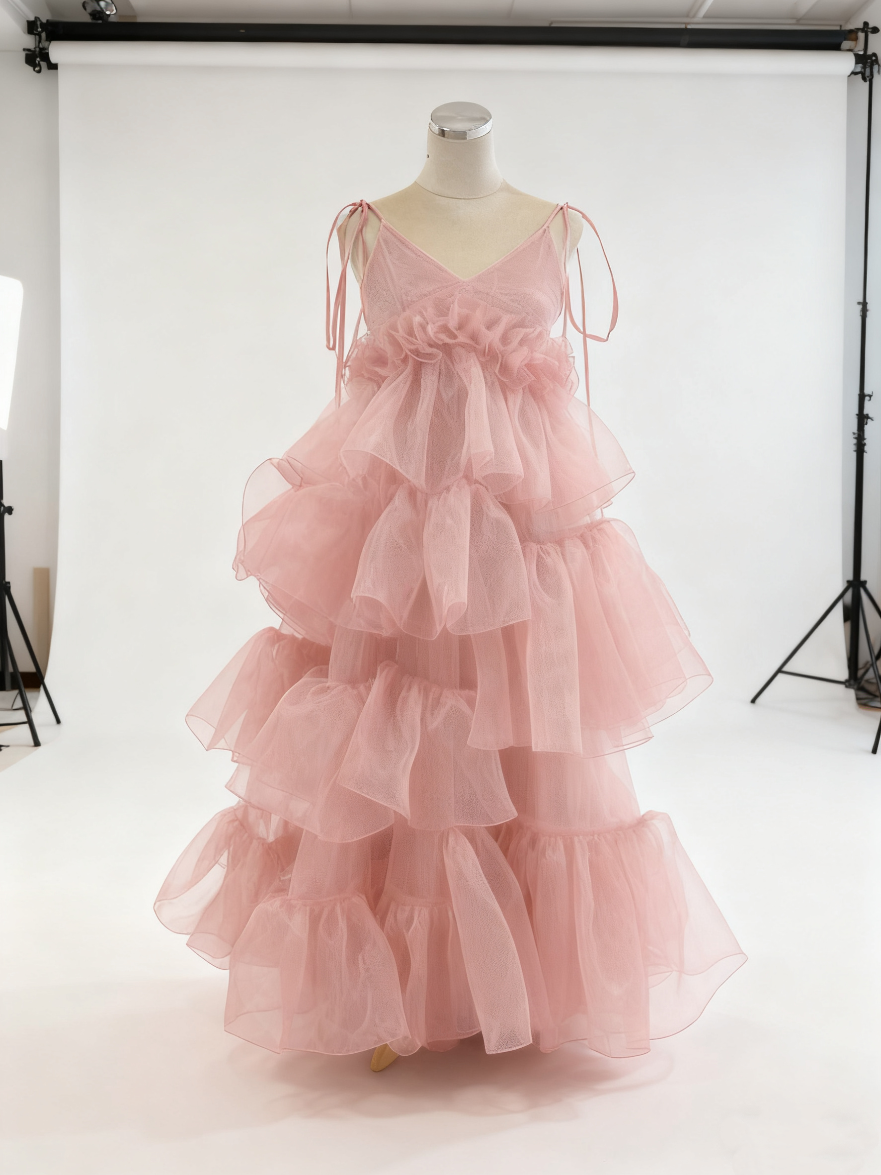 送料無料！パーティードレス キャミソール Vネック 上質オーガンジー ピンク ロング  アシンメトリードレス