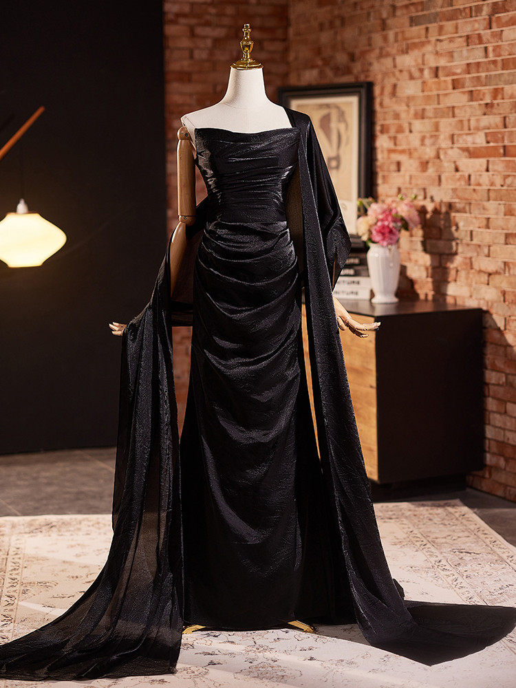 綺麗 黒 マーメイドドレス パーティードレス 肩飾りが付 シンプル 高級感 演奏会 二次会 前撮り 披露宴 08924