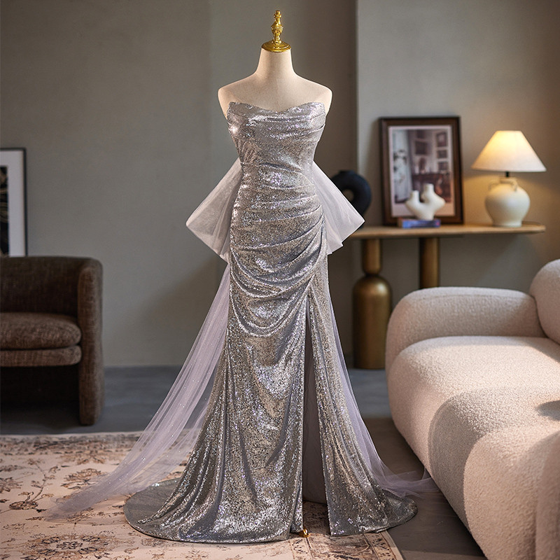 綺麗 シルバー キラキラ マーメイドドレス 裾引き パーティードレス 高級感 演奏会 二次会 前撮り 披露宴 08921