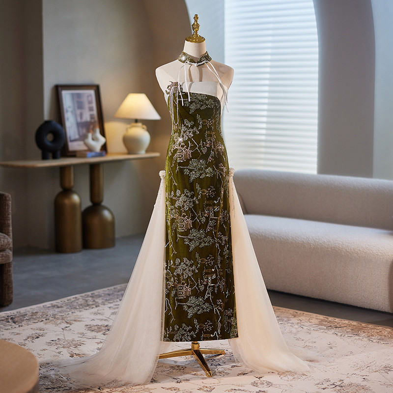 綺麗 緑 ベロア ノースリーブ パーティードレス 裾引き 優雅 結婚式 謝恩会 演奏会 前撮り 披露宴 08918 16,373円