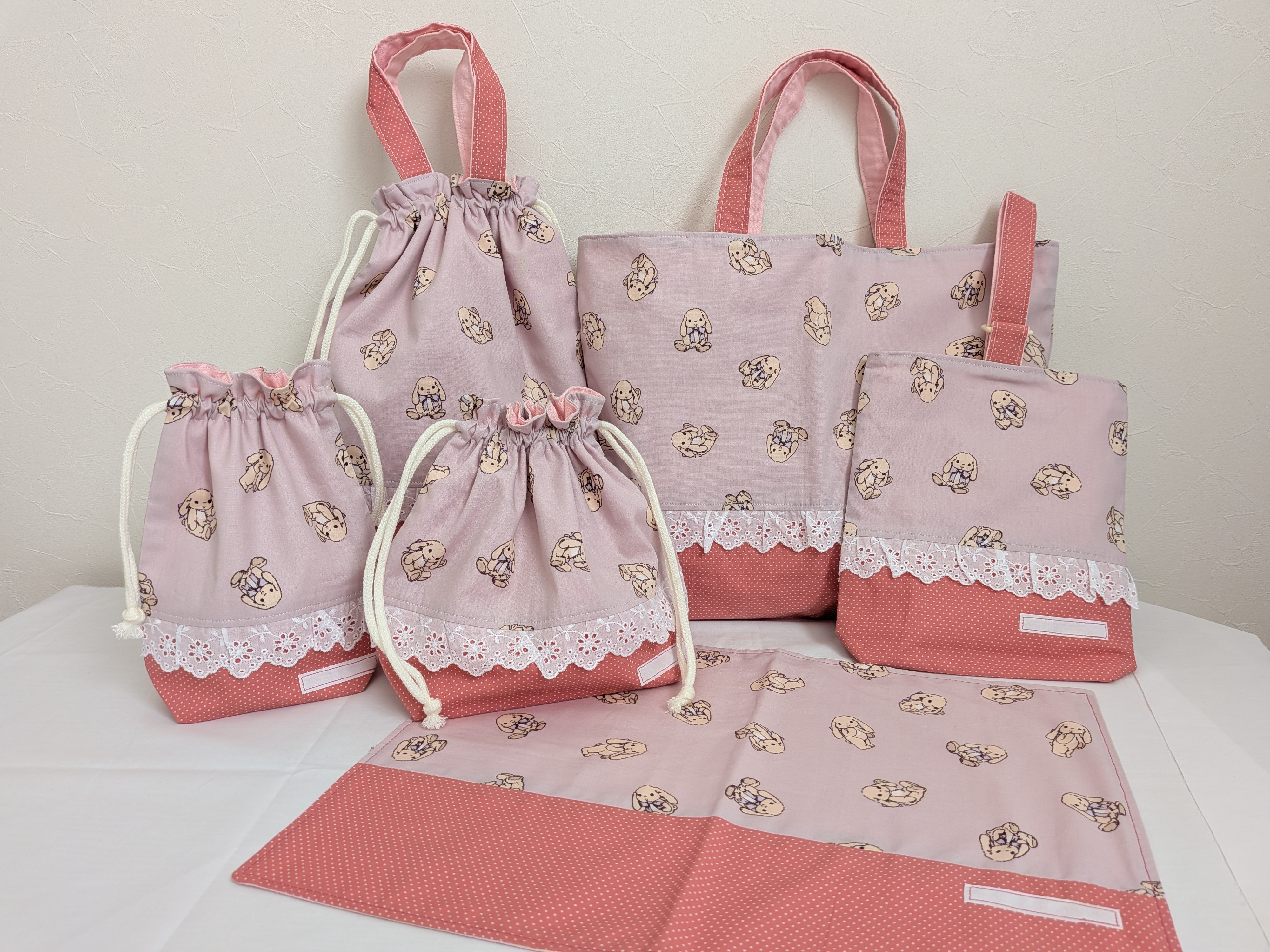 *送料無料*レース切替うさぎ柄パープル　通園通学フルセット