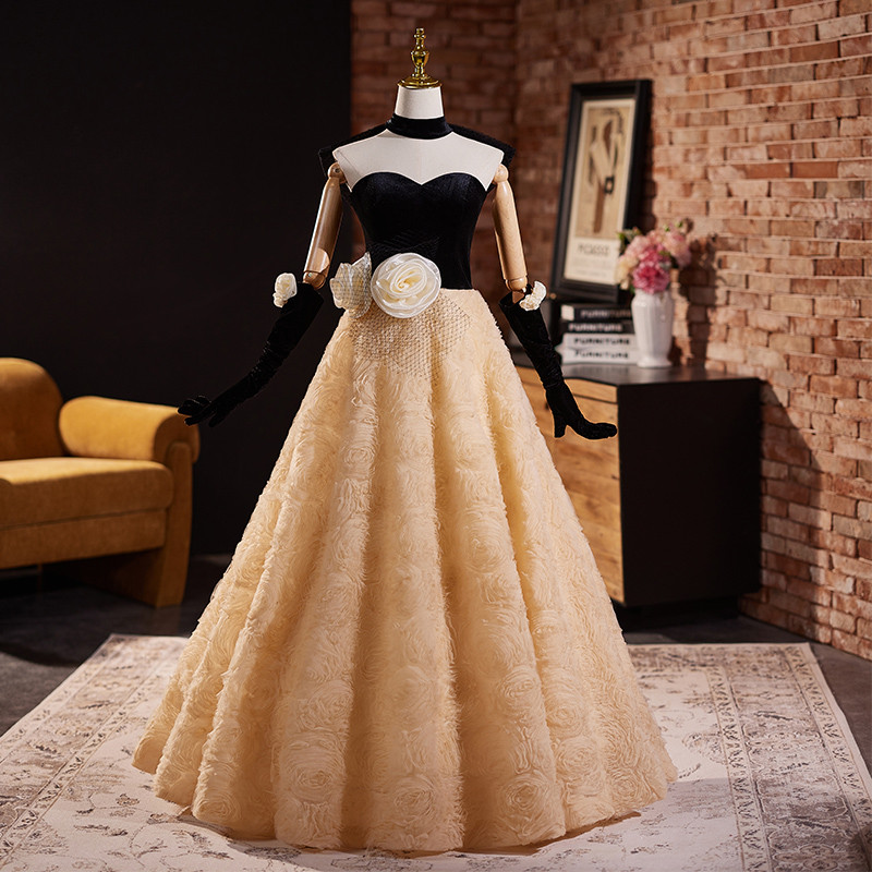 綺麗 シャンパン色 花 ふわふわ パーティードレス プリンセス 優雅 結婚式 謝恩会 演奏会 前撮り 披露宴 08925