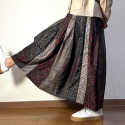 日本/大島紬】アンティーク大島紬のパッチワークガウチョパンツ 青秋名